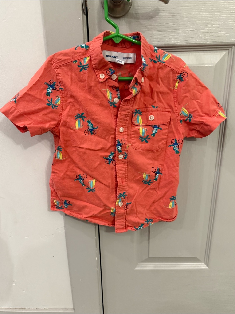 Old Navy Coral Short-Sleeve Button-Down Shirt with Tropical Bicycle Print